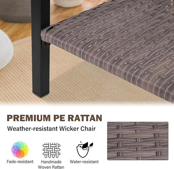 Sunset Escape Wicker Side Table, Rattan Outdoor End Table with Wood Grain Tabletop and 2-Tier Storage for Patio, Balcony and Garden, Black/Brown