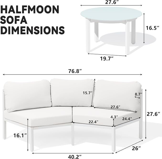 Crestlive Curved Patio Furniture Set, Modular Half Moon 4-Seater Sofa with Round Coffee Table, Aluminum Outdoor Sectional with 4.3" Cushions, All-Weather Couch for Backyard, Deck, Porch, Poolside