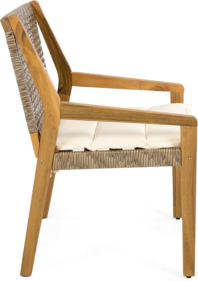 Christopher Knight Home Pelham Wooden Patio Dining Set for 4, Acacia Wood Outdoor Dining Table Set for 4, 5 Piece Outdoor Dining Set with Round Table and Armchair with Seat Cushion, Teak+Beige