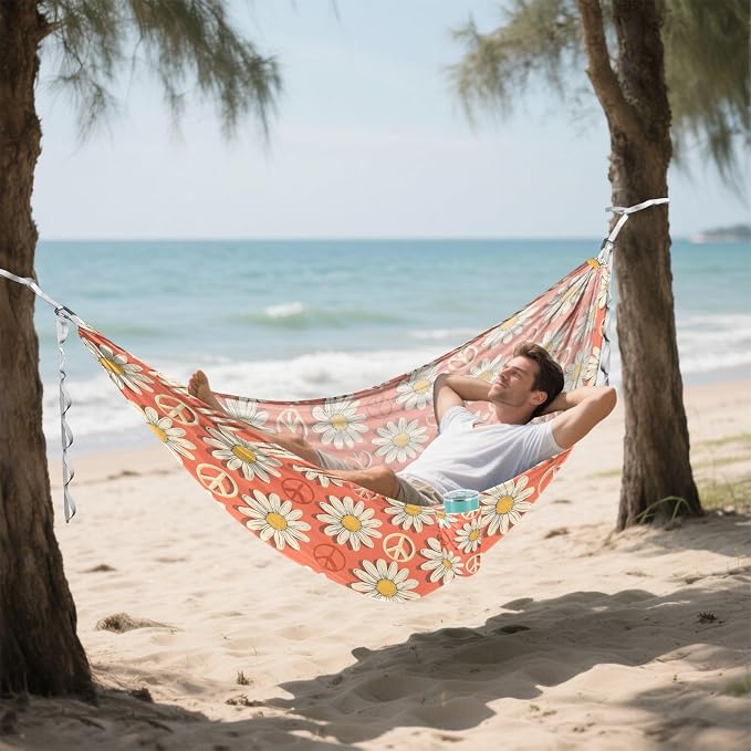 Camping Hammock Outdoor Hammocks for Outside Peace Symbol Daisy Flower Beach Trees Portable Lightweight with Pockets Tree Straps Indoor