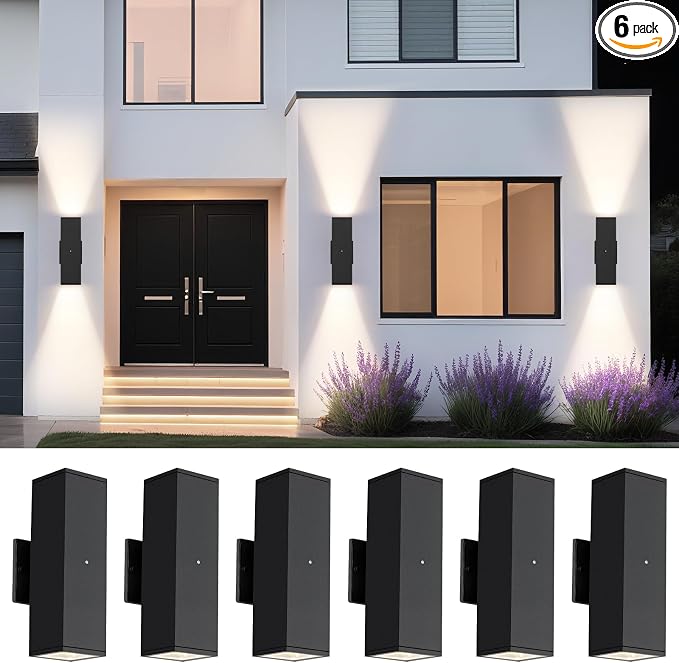 Dusk to Dawn Outdoor Lighting, LED Square Up and Down Outdoor Sconce Lights, Matte Black Exterior Lighting Fixtures with 7W LED Bulbs, Front Porch Lights for house, Garage, Patio, Doorway 6 Pack