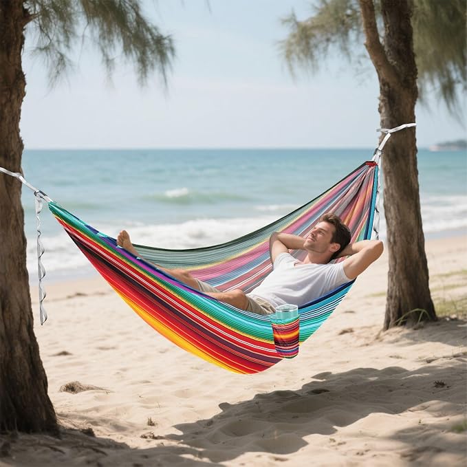 Mexican Serape Blanket Stripes Camping Hammock, Portable Lightweight Single Hammock with Tree Straps and Aluminum Carabiners, 114" x 54" Travel Hammock for Hiking Backpacking Beach