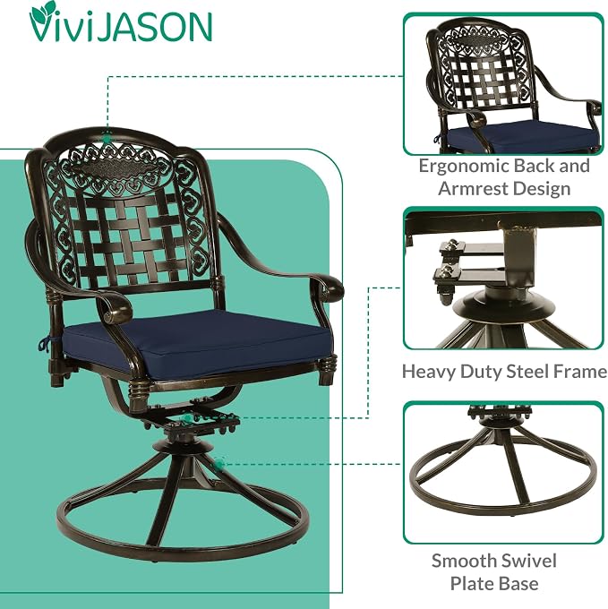 VIVIJASON 5-Piece Outdoor Patio Dining Set, All-Weather Cast Aluminum Conversation Set, Patio Furniture Set, Include 4 Swivel Cushioned Chairs, 1 Round Table w/Umbrella Hole, Navy Blue Cushion
