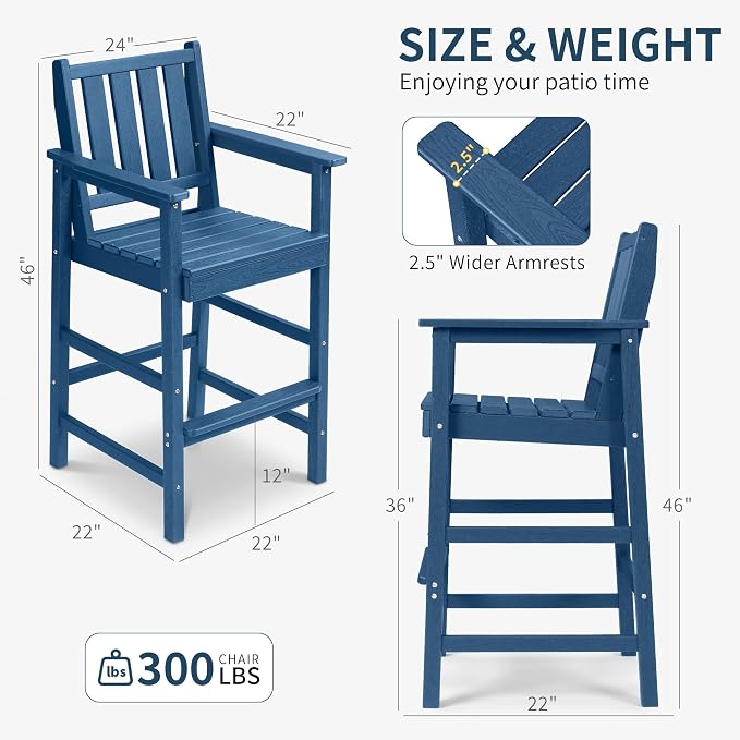 Adirondack Chairs Set of 4, All Weather HDPE Counter Height Bar Chair with Wide Armrests & Footrest, Heavy-Duty Outdoor Bar Height Barstools Set for Patio, Balcony, Pool, Backyard, Blue