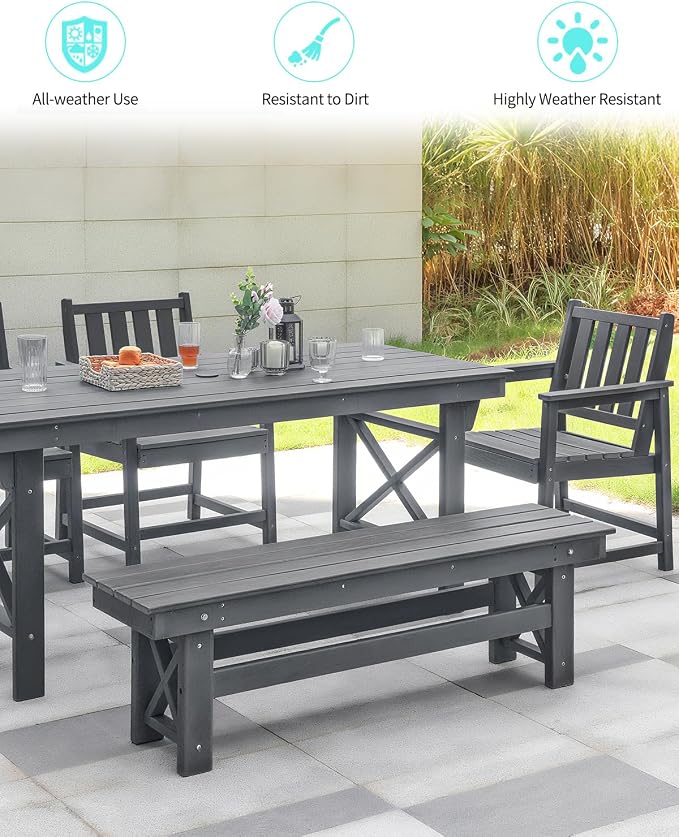 HDPE Outdoor Dining Set for 6, Patio Dining Furniture Set with Umbrella Hole Cut-Out Table and 1 Bench and 4 Chairs, All Weather Outdoor Dining Bench Sets, Gray