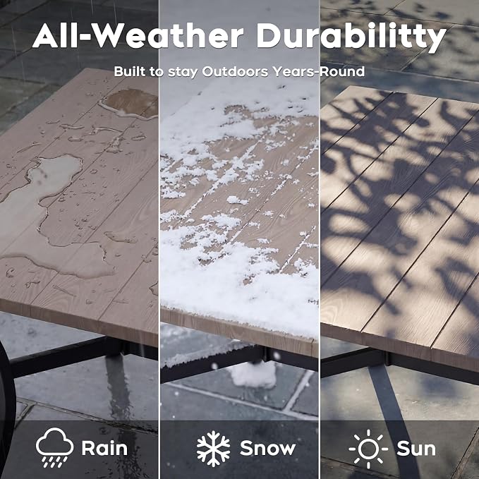 63”x37.8” Metal Outdoor Dining Table for 6,Rectangular Patio Dining Table with Adjustable Umbrella Hole,All-Weather Brown Outdoor Patio Table for Porch, Garden, Backyard, Poolside, Lawn