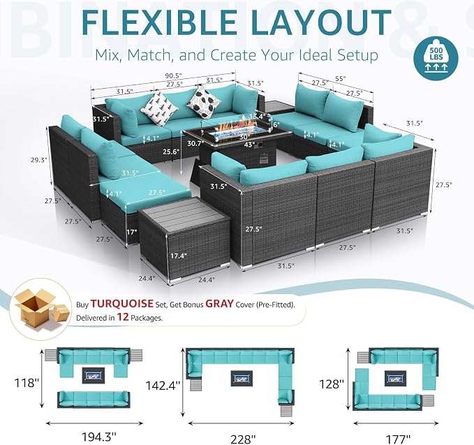 NICESOUL 15 Piece Patio Furniture Set with Fire Pit, Oversized Large Outdoor Sectional with Fire Pit, 500 lbs High Weight Capacity Wicker Deck Seating for 12, Gray & Teal