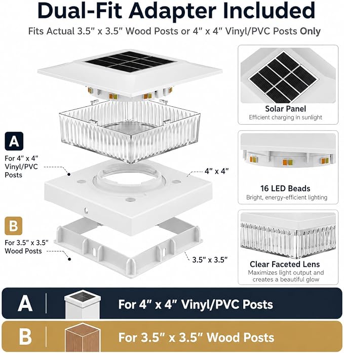 12 Pack Solar Post Cap Lights 4x4, Dual-Color Waterproof Fence Post Solar Lights, Fits 4x4 Vinyl or 3.5x3.5 Wood Posts, Dusk to Dawn Outdoor Lighting for Deck, Garden & Porch Decor, White