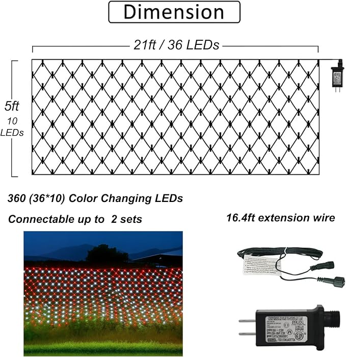 Red and White Christmas Net Lights Outdoor, 21x 5ft Green Wire | 360 LED Large Net Mesh Lights Plug in, 8 Modes Waterproof Connectable Bushes Lights for Christmas Hedge Yard Decor