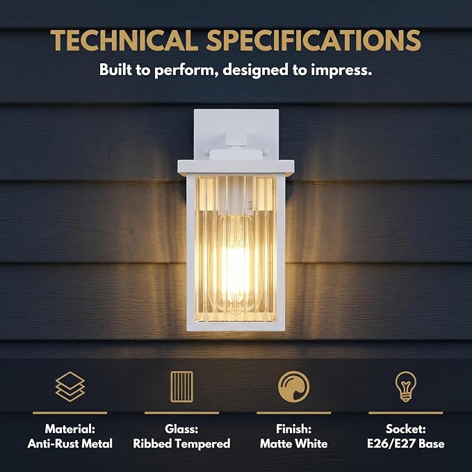 2 Pack White Porch Light, Rust-Resistant Outdoor Wall Light | Corrosion-Resistant Metal, Textured Glass Cuts Glare, Easy DIY Install on Porch, Garage