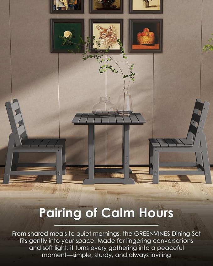 GREENVINES 5-Piece-Outdoor-Dining-Set | HDPE | Square | Patio Furniture | All Weather | Armless Chair | Slatted Table and Chairs Sets for 4 | for Backyard Poolside Garden | Grey