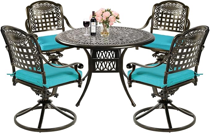 MEETWARM 5-Piece Outdoor Patio Dining Set, All-Weather Cast Aluminum Patio Conversation Set with 4 Cushions Swivel Rocker Chairs for Backyard Garden Deck and 35.4" Round Table, Ocean Blue