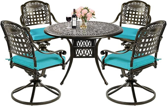 MEETWARM 5-Piece Outdoor Patio Dining Set, All-Weather Cast Aluminum Patio Conversation Set with 4 Cushions Swivel Rocker Chairs for Backyard Garden Deck and 35.4" Round Table, Ocean Blue