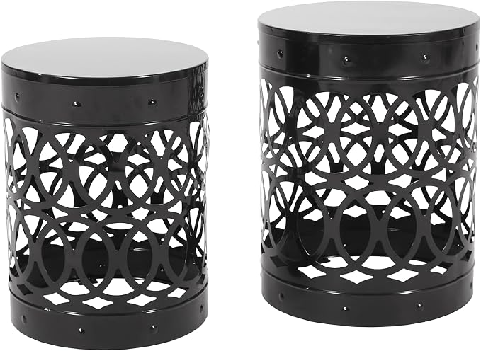 Set of 2 Round Metal Patio Side Tables Steel Accent End Tables with Geometric Circle Cut-Outs Weather Resistant Small Outdoor Furniture for Deck Pool Yard Balcony No Assembly,Black