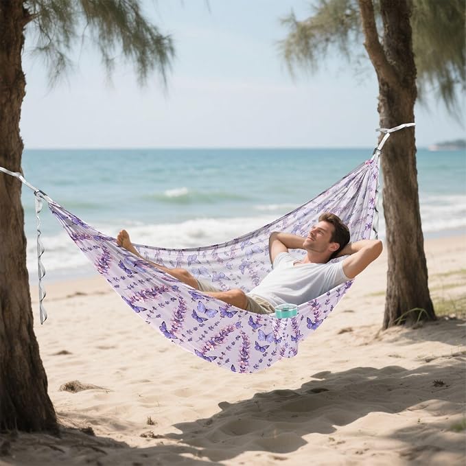 Camping Hammock Outdoor Hammocks for Outside Purple Butterfly Lavender Flower Beach Trees Portable Lightweight with Pockets Tree Straps Indoor