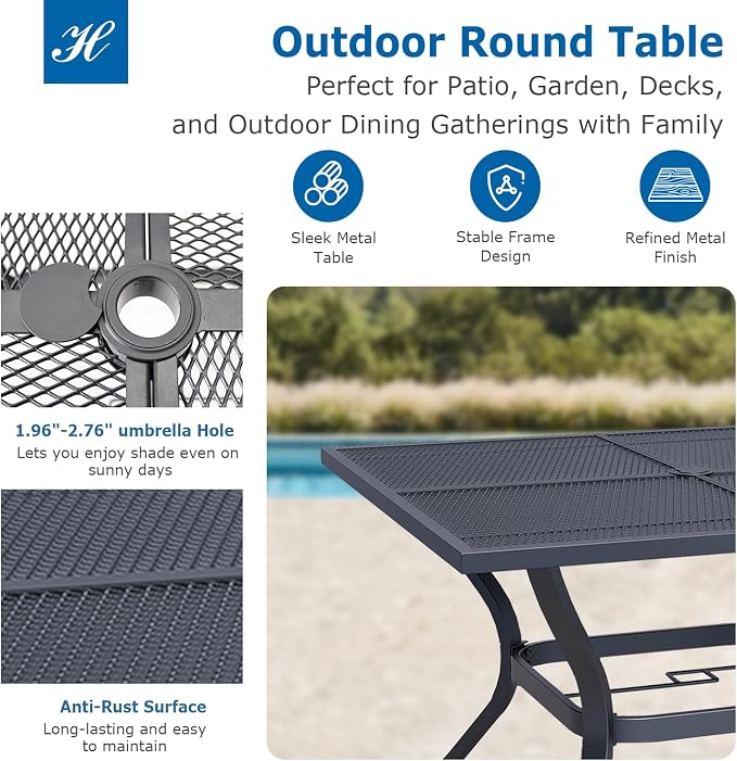 5 Piece Patio Dining Set for 4, 37.5” Black Square Table with Umbrella Hole and 4 Beige Blue Patio Stackable Chairs, Patio Table and Chairs for Backyard, Lawn, Deck & Garden