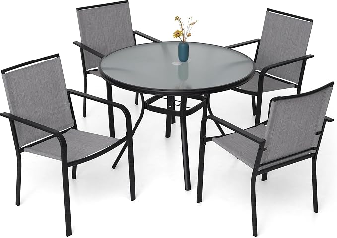 5 Piece Outdoor Patio 40" Round Glass Table and Grey Stackable Chairs Set | 4 Piece Stackable Chairs Textilene Seat and Back, Table and Chair with Metal Frame, Round Glass Table Top, 1.7" Umbrella Hole