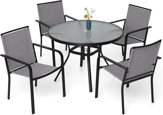 5 Piece Outdoor Patio 40" Round Glass Table and Grey Stackable Chairs Set | 4 Piece Stackable Chairs Textilene Seat and Back, Table and Chair with Metal Frame, Round Glass Table Top, 1.7" Umbrella Hole