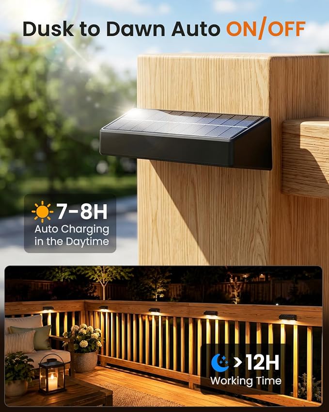 JOFIOS Fence Lights Solar Powered, 9 Fixed Colors ＆ Color Changing Solar Wall Lights Outdoor Waterproof IP65 Dusk-to-Dawn LED Deck Lighting for Patio, Railing, Pool, Porch, Backyard, Wall, 8 Pack