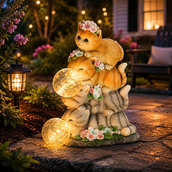 Cat Garden Statue, Orange Cats with Bubble Solar Lights, Cat Lovers Gifts | Stacked Cats Solar Lantern Lights, Lawn Ornaments for Outside Clearance, Yard, Patio, Porch Decor and Gardening Gift