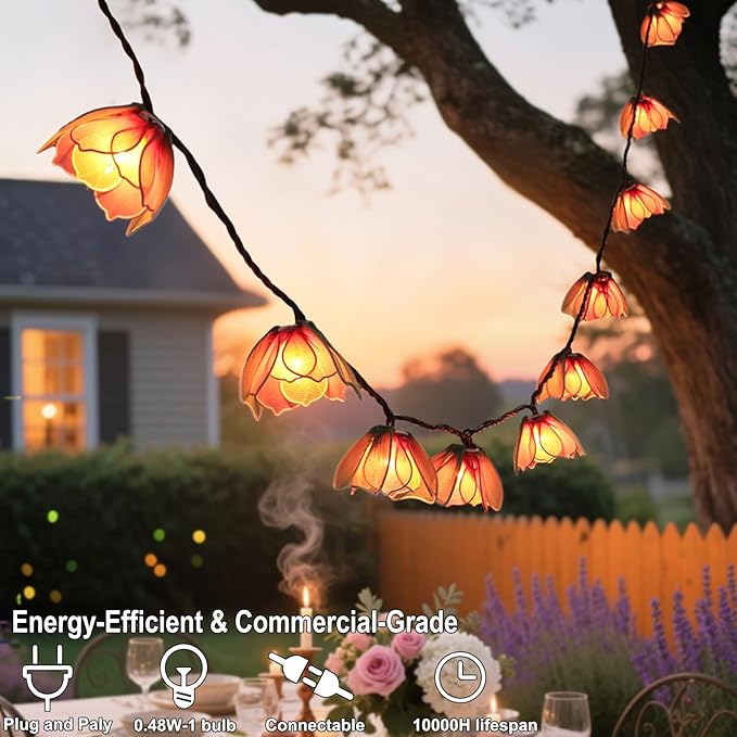 Decorative String Lights Plug in with 10 Bulbs, Flower Garland Fairy Lights Connectable Weatherproof Outdoor Indoor for Wedding Garden Pergola Bedroom Porch Floral Home Decor (Multicolor)