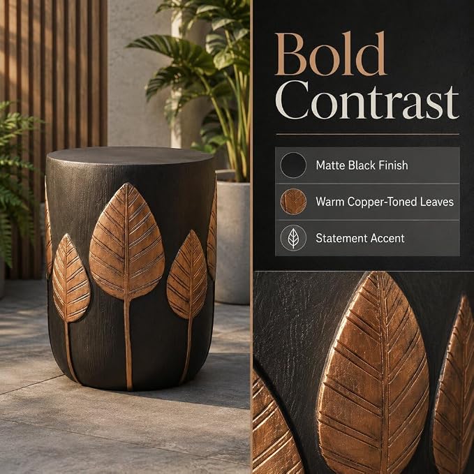 IRONORA Leaf Carved Outdoor Side Table, Black & Copper Round Accent Table, Weather Resistant Patio End Table, 15.3" x 18.5" Decorative Stool Table for Garden, Balcony, Living Room