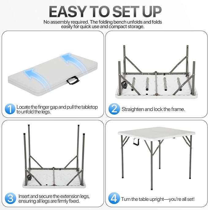 34" Folding Card Table, Heavy Duty HDPE Square Table, Fold-in-Half Portable Design with Carry Handle, Indoor Outdoor Utility Dining Table for Picnic, Camping, 330 lbs (White, 34in)