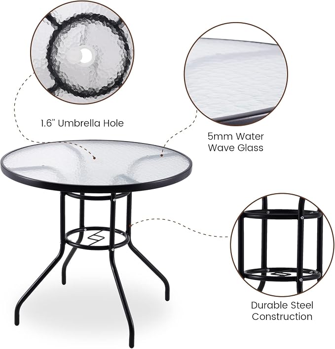 32'' Outdoor Patio Table, Bistro Table with Tempered Glass Table Top and Umbrella Hole Steel Frame Outdoor Furniture Party Conversation Coffee Table for Garden Backyard Balcony Lawn