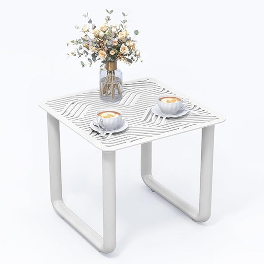 18" Aluminum Outdoor Side Table with U-Shaped Legs, Square Patio End Table with Wave Pattern Slatted Top, Rust-Resistant Modern Coffee Table for Balcony and Poolside, White