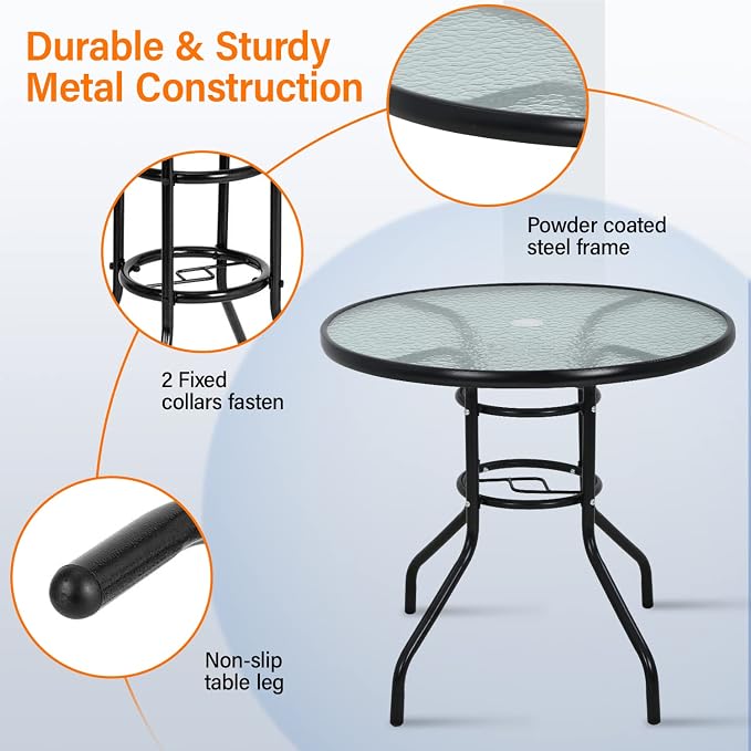 Outdoor Table Patio Table Dining Table with Tempered Glass Umbrella Hole for Lawn Balcony, Yard (Round)
