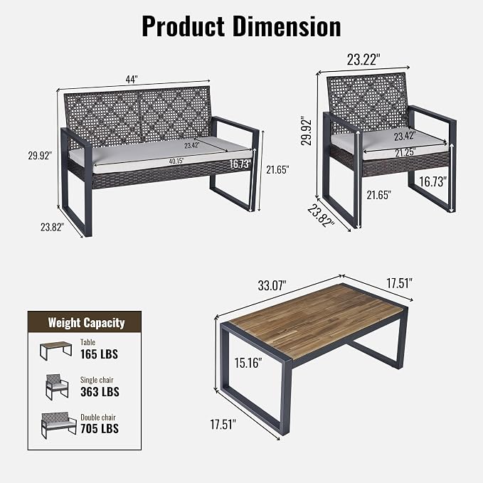 GDFStudio 4-Piece Patio Furniture Set with Acacia Wood Tabletop, PE Rattan Conversation Sofa Set, Steel Frame Outdoor Seating for Balcony Porch Garden Backyard Lawn, Beige Cushions Brown Wicker