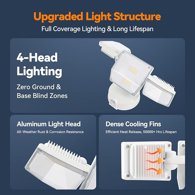 85W 10000LM Dusk to Dawn Outdoor Lighting, 4-Head Super Bright LED Flood Light, 5000K Daylight, IP65 Waterproof Hardwired Exterior Security Light for House Garage, Yard, Backyard (White)