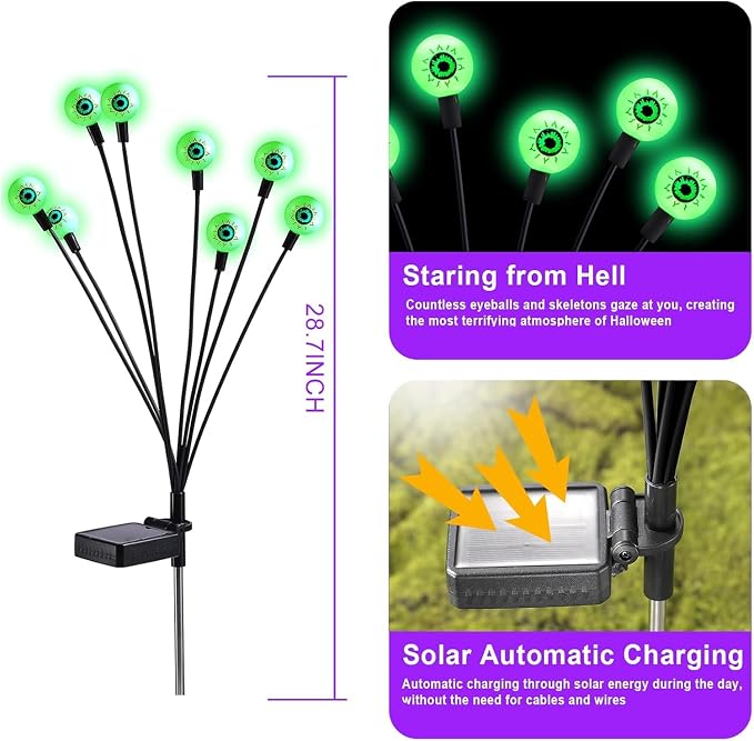 ASMAD Halloween Decorations Outdoor Solar Scary Eyeball Lights,8Pack 64LEDs | Halloween Lights, Halloween Decor, Green Eyeball Swaying Lights, Solar Path Lights Waterproof for Garden/Patio/Party Decor