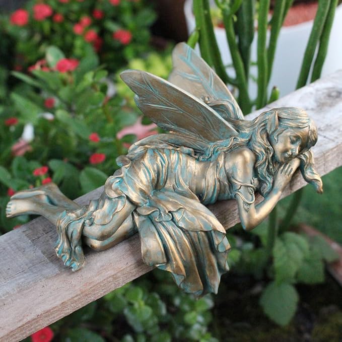 Vintage Bronze Sleeping Fairy Statue Outdoor Garden Decor, 6.1" Resin Angel Figurine Home Shelf Sitter Yard Art Sculpture for Patio Lawn Porch Ornaments