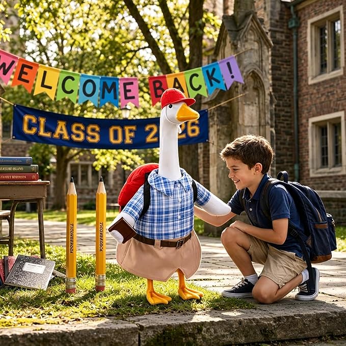 Celltestria Back to School Goose Outfits Porch Goose Costume with Schoolbag Book Blue Grid Goose Clothes for 23" Geese School Outdoor Patio Yard Lawn Garden Art Decoration