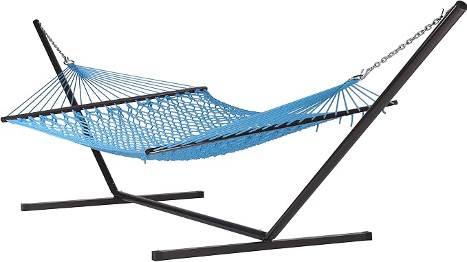 Jumbo Caribbean Rope Hammock and Metal Tri Beam Stand Mocha (Light Blue)