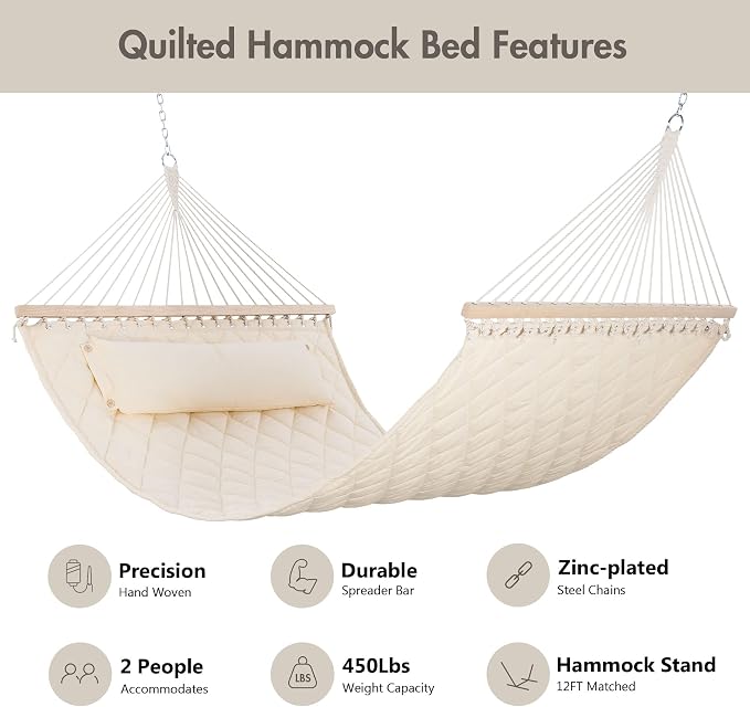 ANOW Two Person Hammock with Spreader Bars and Detachable Pillow, Heavy Duty Hammock for Outdoors Indoors, 450 LBS Weight Capacity, Cream