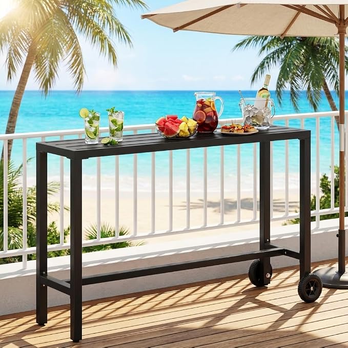 YITAHOME Metal Outdoor Patio Bar Table, 55" Tall Bar Height Table with Wheels, Narrow Rectangle Console Table for Balcony Garden Poolside, Black