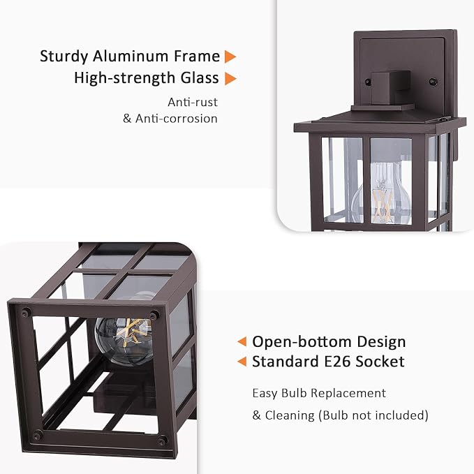 2-Pack Outdoor Wall Light Fixtures, Exterior Porch Lights, Brown | Waterproof, Rust-Resistant, Aluminum Frame & Tempered Glass, Easy to Install, Ideal for Front Door, Garage