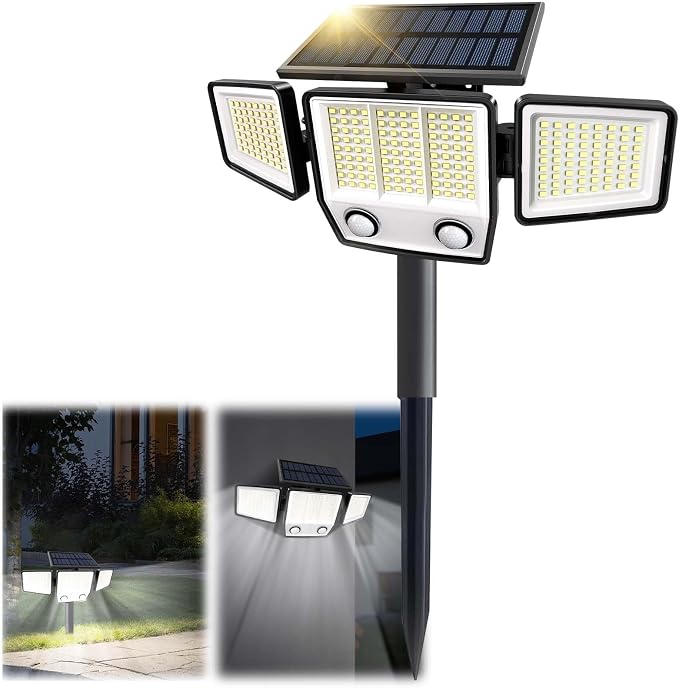 MDCMDCM Solar Motion Sensor Outdoor Lights Waterproof - 3000LM 3 Modes Security Lights Outdoor 270° Illumination IP65 LED Solar Flood Wall Light for Garden Yard Patio Pathway (with Stakes, 1)
