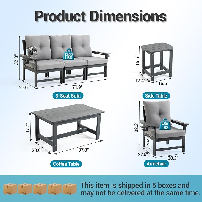 7-Piece HDPE Patio Conversation Set w/ 4 Cup Holders, All-Weather Outdoor Sectional Furniture, Thick Washable Cushions, Coffee Table & Side Table for Backyard Porch Poolside, Grey