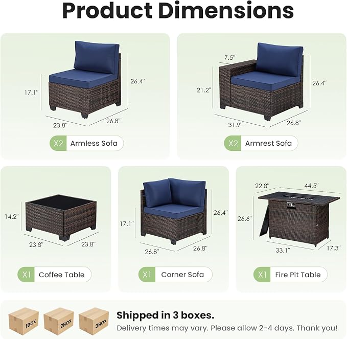 Soohow 7-Piece Patio Furniture Set with 44" Fire Pit Table, Outdoor Sectional Wicker Rattan Conversation Set for Garden, Porch, Backyard - Navy Blue Cushions