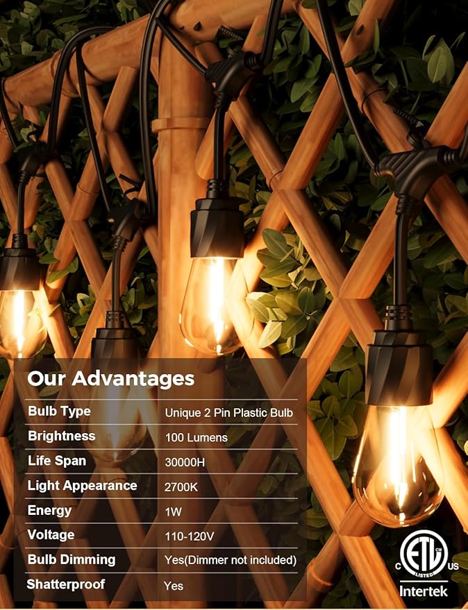 XMCOSY+ Outdoor String Lights, 96FT Patio Lights with 32 LED Bulbs | Shatter-resistant build, waterproof hanging lights for porch, backyard, garden, party and balcony decor