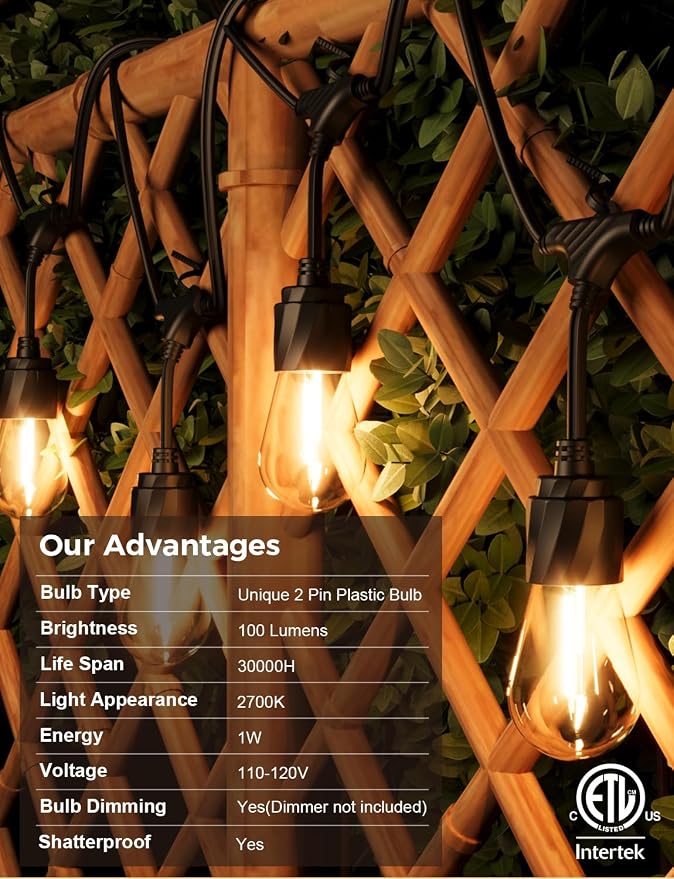 XMCOSY+ Outdoor String Lights, 120FT Patio Lights with 42 LED Bulbs | Waterproof commercial grade hanging lights for porch, backyard, gazebo, garden, outdoor decor