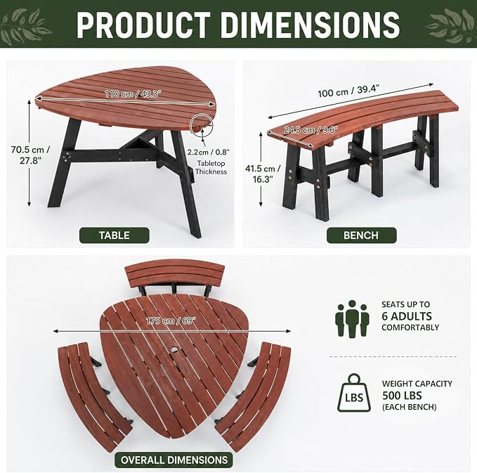 6-Person Semi-Circular Fir Wood Picnic Table, Brown Top/Black Legs, 3 Built-in Benches & Umbrella Hole, Patio