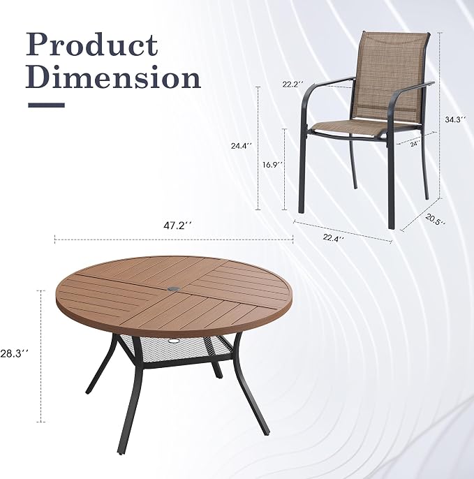 7 Pieces Outdoor Dining Set, Stackable Textilene Paito Chairs & 47.1" Round Dining Table with Umbrella Hole and Shelf, Patio Dining Set for Backyard, Deck, Garden, Brown & Walnut