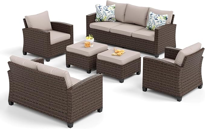 SUNSHINE VALLEY Patio Furniture Set Outdoor Furniture Brown Wicker Rattan Patio Conversation Sets with Cushion Outside Sofa Set,6 Pieces 9 Seats,Beige
