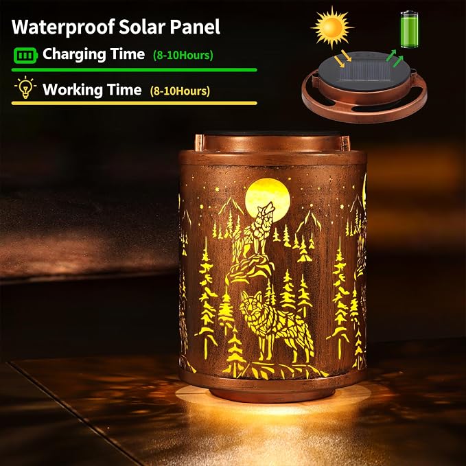 Wolf Solar Lanterns Hanging Waterproof Garden Decor Gifts for Women | Metal Solar Lights Outdoor Decoration for Outside LED Lanterns for Yard Patio Lawn Pathway Birthday Gifts for Mon Grandma