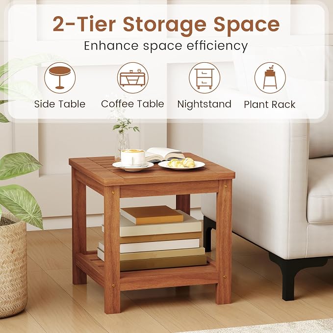 HAPPYGRILL 2-Tier Outdoor Wood Side Table with Storage Shelf, Patio Wooden End Table, Farmhouse Accent Nightstand, for Garden Yard Porch Deck Living Room (2)