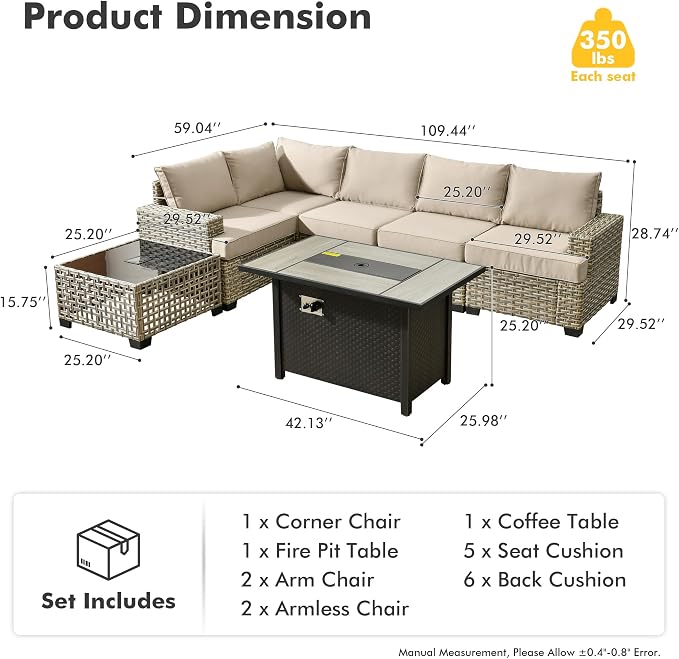 7 Pcs Outdoor Sectional Patio Furniture Set with Fire Pit Table - All Weather Wicker Modular L Shaped Outside Sectional Couch,Patio Seating Outdoor Conversation Sets for Deck Yard Garden,Beige